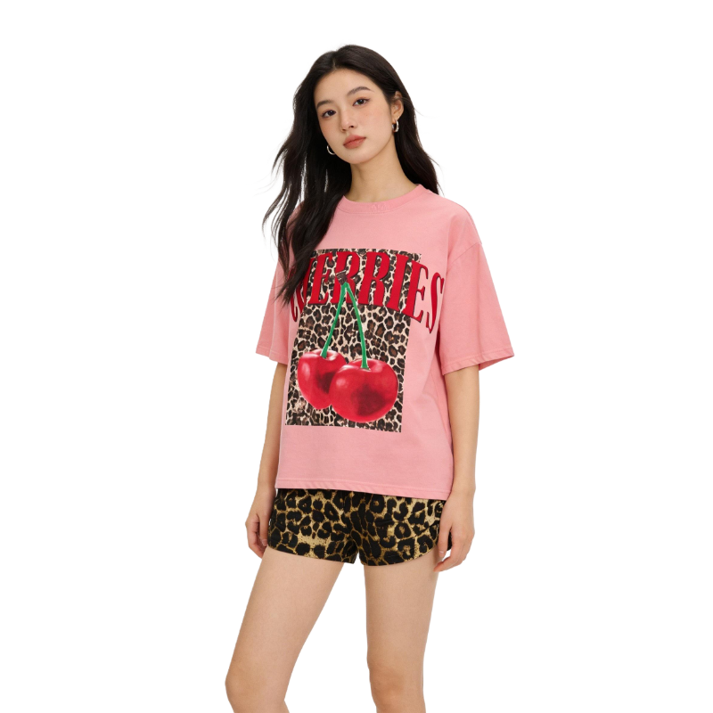 Pink Cherry Leopard Print 2-Piece Set – Crop Top & Shorts Casual Outfit