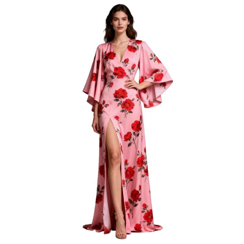 Elegant Blush Satin Cheongsam-Inspired 2-Piece Set with Floral Embroidery Flowy Cape Top & Split Maxi Skirt