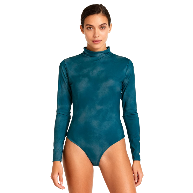 Teal Tie-Dye Turtleneck Long Sleeve Bodysuit – Slim Fit Stretchy Jumpsuit