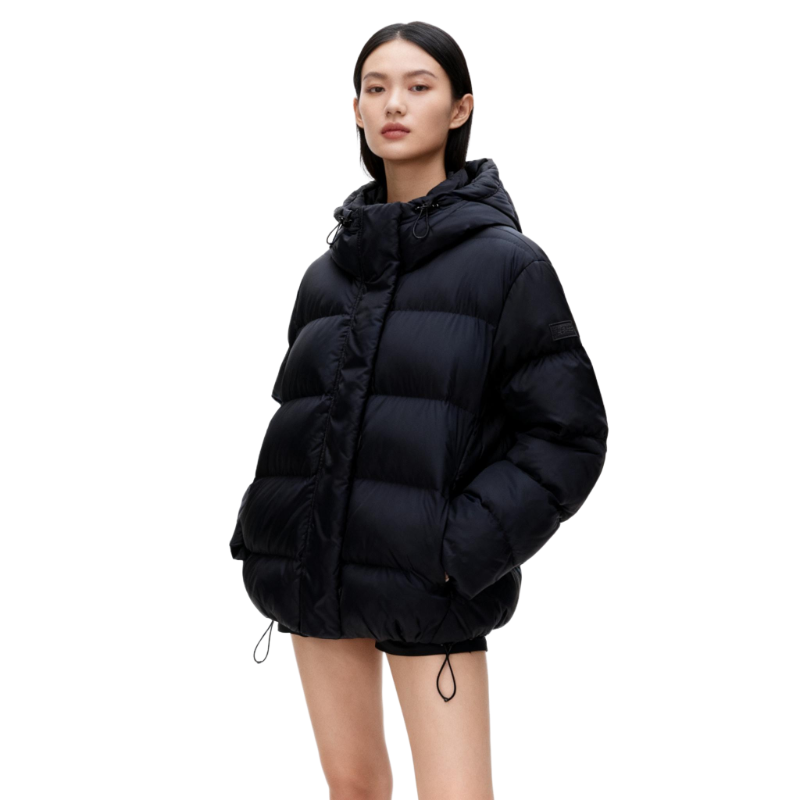 Women’s Black Puffer Jacket – Hooded Quilted Warm Winter Coat with Drawstring Hem