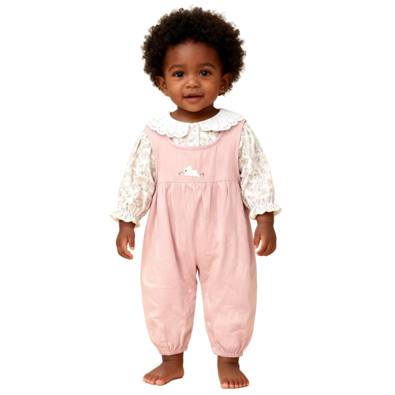 Girls’ Pink Overalls Set: Floral Sleeve + Lace Collar Bunny Embroidery