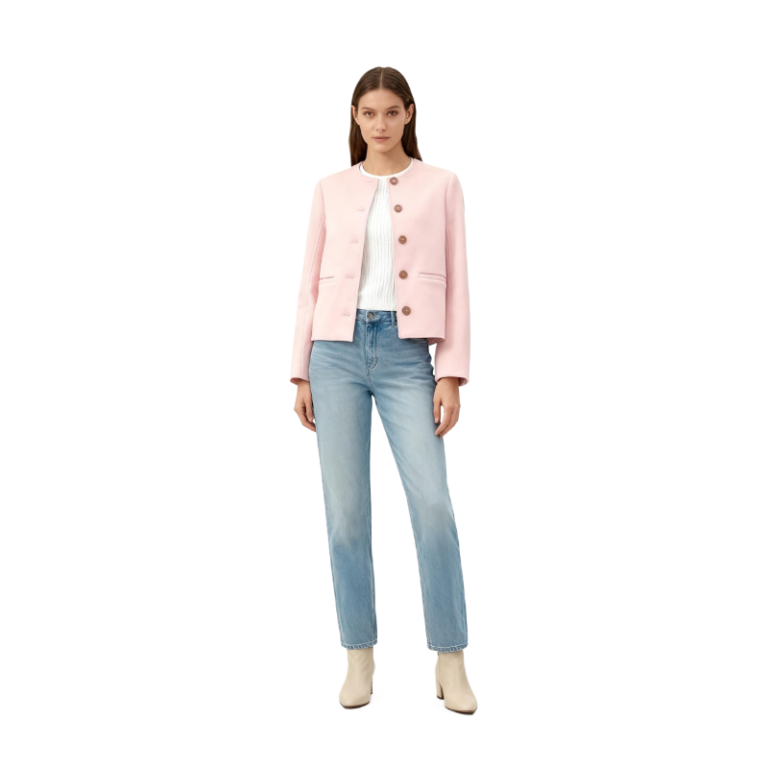 Women’s Pink Wool Blend Cropped Jacket – Round Neck Single-Breasted Coat with Front Pockets for Elegant Daily Wear