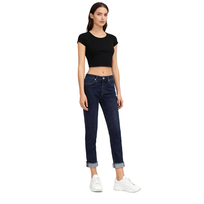Women’s High-Rise Ankle Jeans in Dark Denim | Stylish Cuffed Hem Design with Unique Hardware Accents