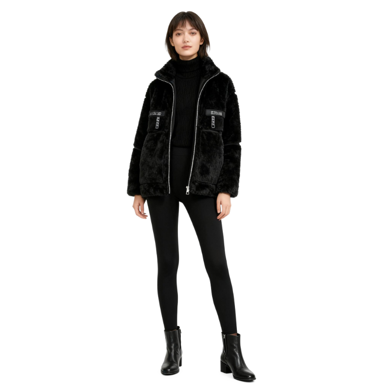 Women’s Black Faux Fur Jacket – High Collar Zippered Coat with Pockets for Winter Warmth & Fashion