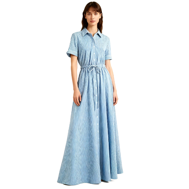 Women’s Blue & White Striped Shirt Dress – Short Sleeve Collared Midi Dress with Waist Tie