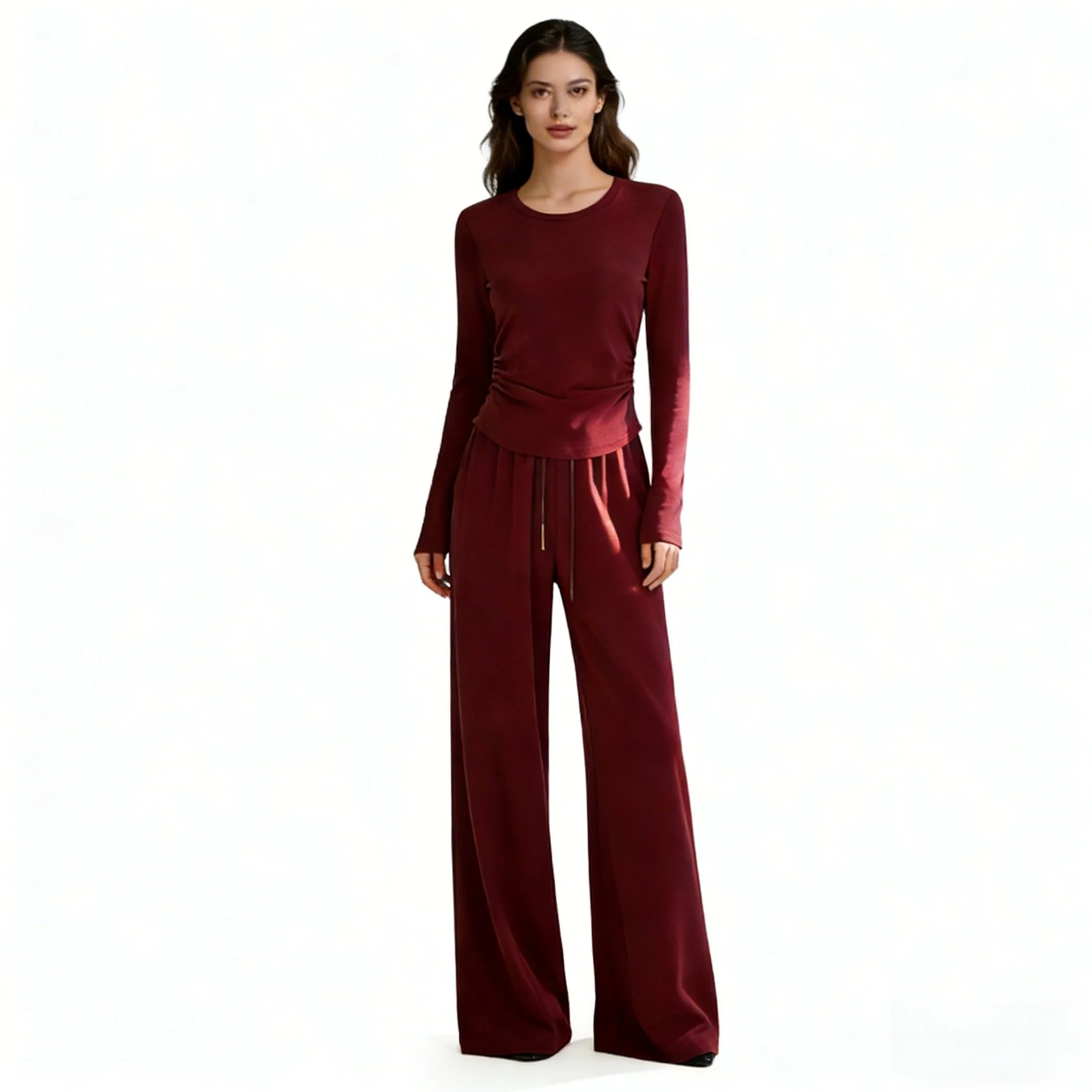 Burgundy Long Sleeve Ruched Top & Wide Leg Pants Co-Ord Set