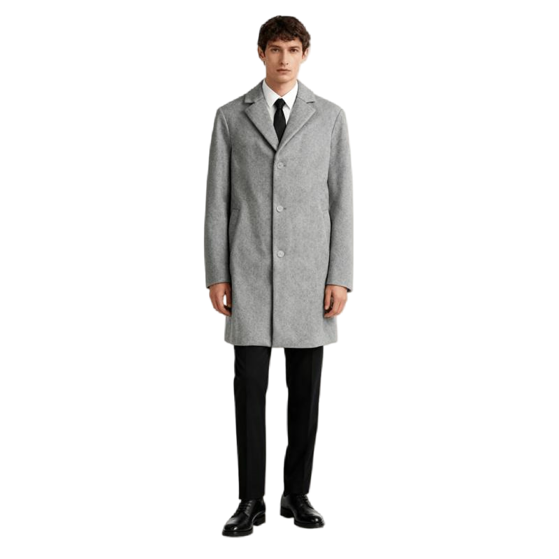 Light Gray Wool Blend Overcoat – Minimalist Single-Breasted Trench Coat