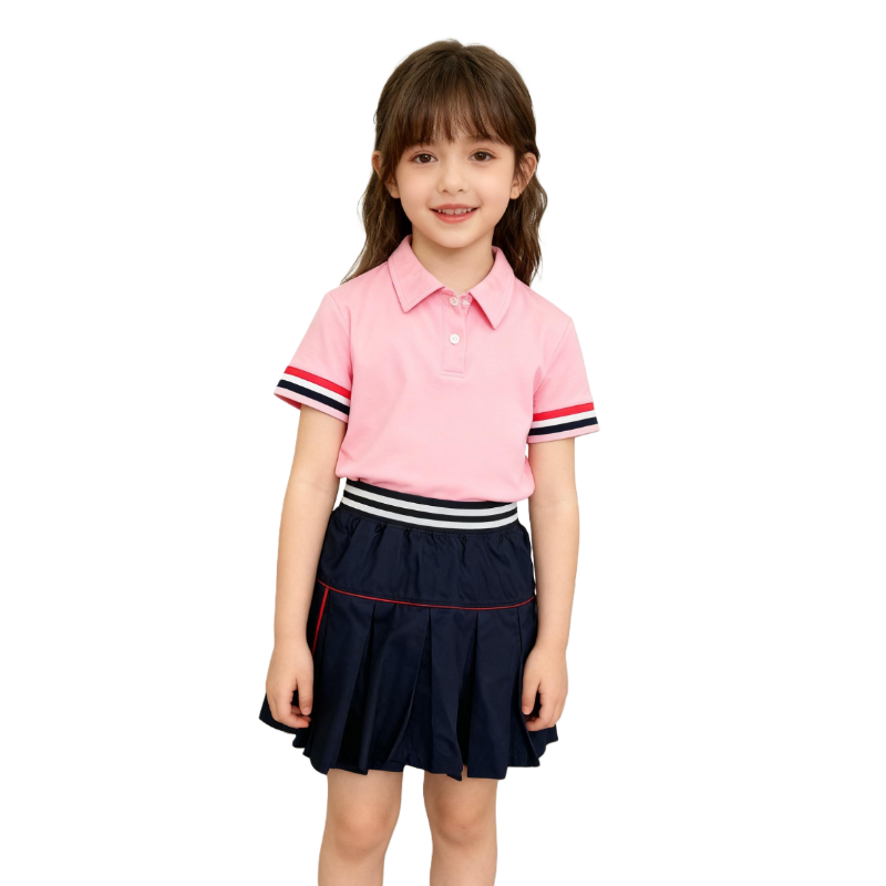 Cute Pink Polo Shirt & Navy Pleated Skirt Set – Kids’ Casual School Uniform Outfit