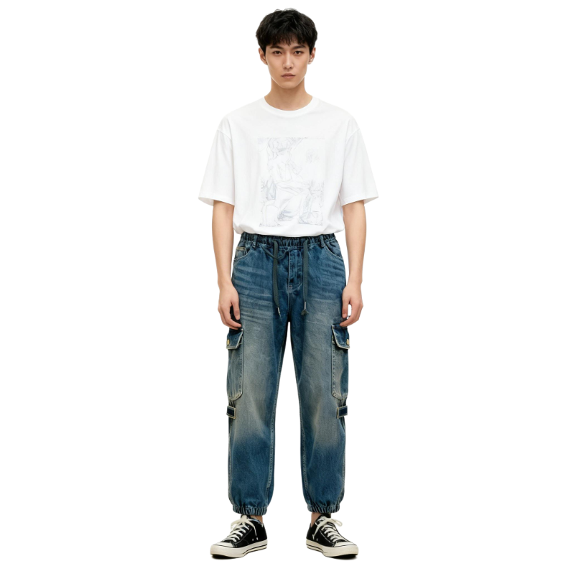 Vintage Washed Cargo Jeans for Men – Retro Blue Denim Pants with Multi Pockets & Elastic Waist