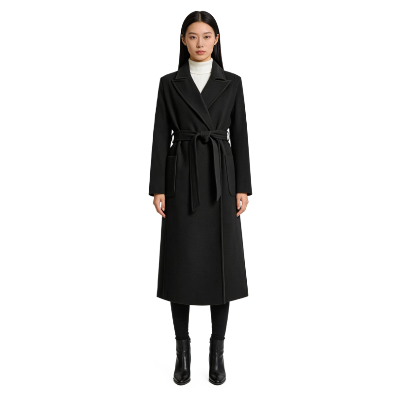Black Long Wool Blend Trench Coat with Belted Waist – Elegant Lapel Design Winter Outerwear