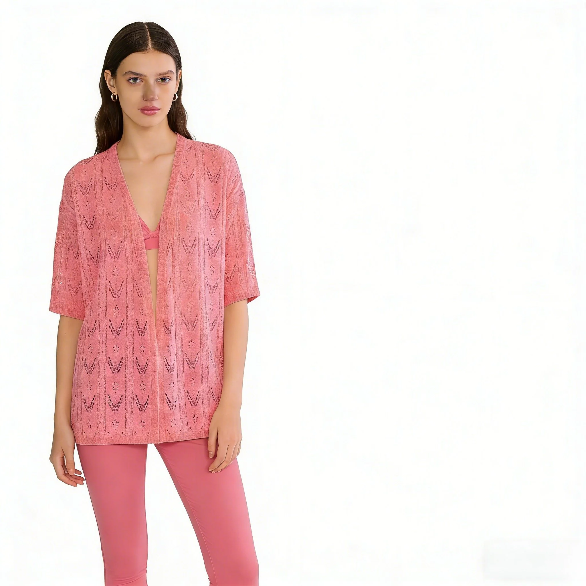 Cherry Blossom Pink Lace Hollow Short-Sleeve Cardigan - Loose, Breathable and Sun-Protective Outerwear for Summer