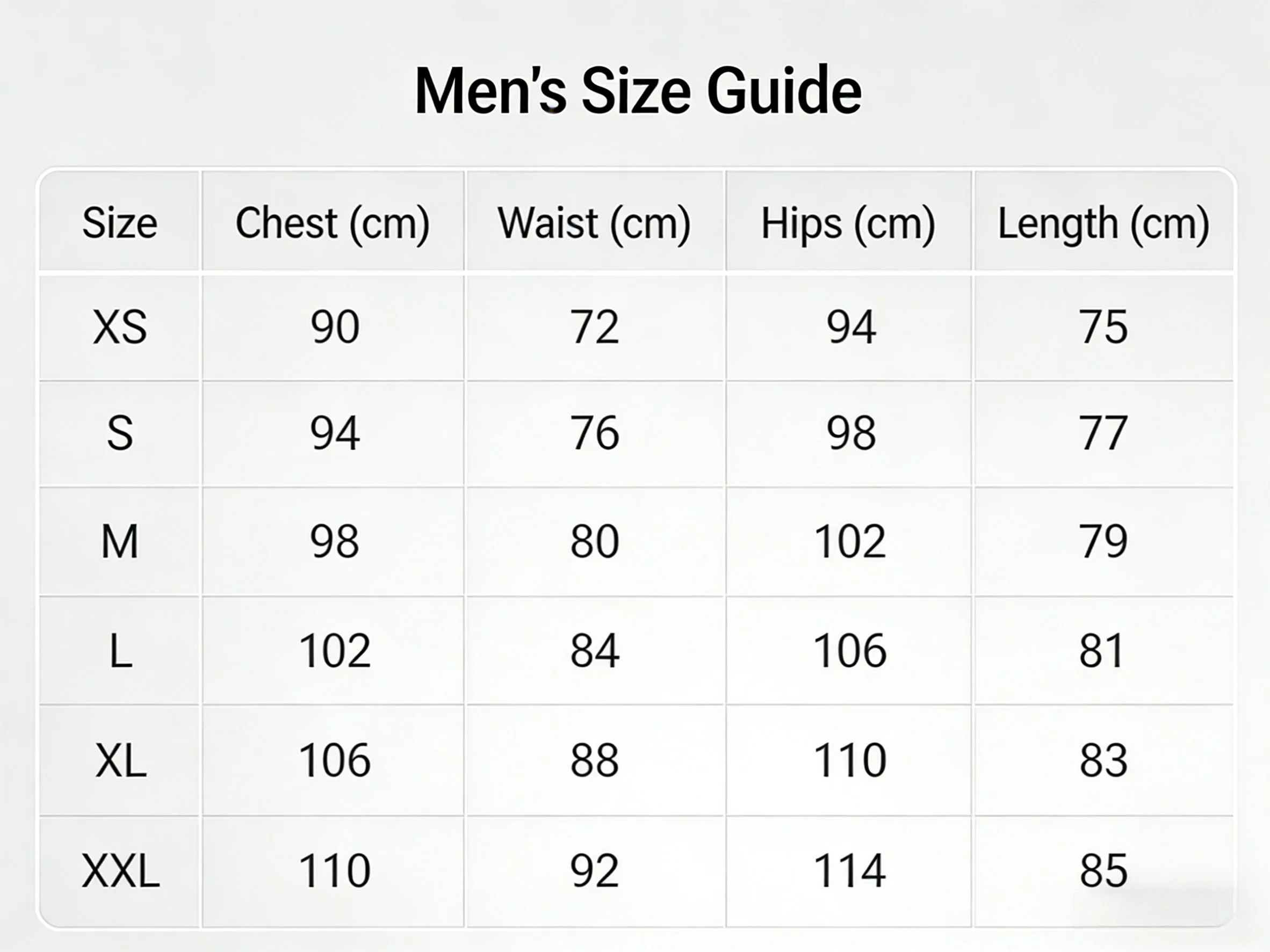 Men's clothing size chart with measurements for sizes XS to XXL, including chest, waist, hips, and length in centimeters.
