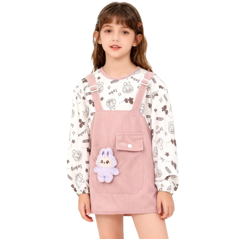Cute Kids’ Bib Apron: Plush Bunny Pocket Cartoon Pattern Long Sleeve