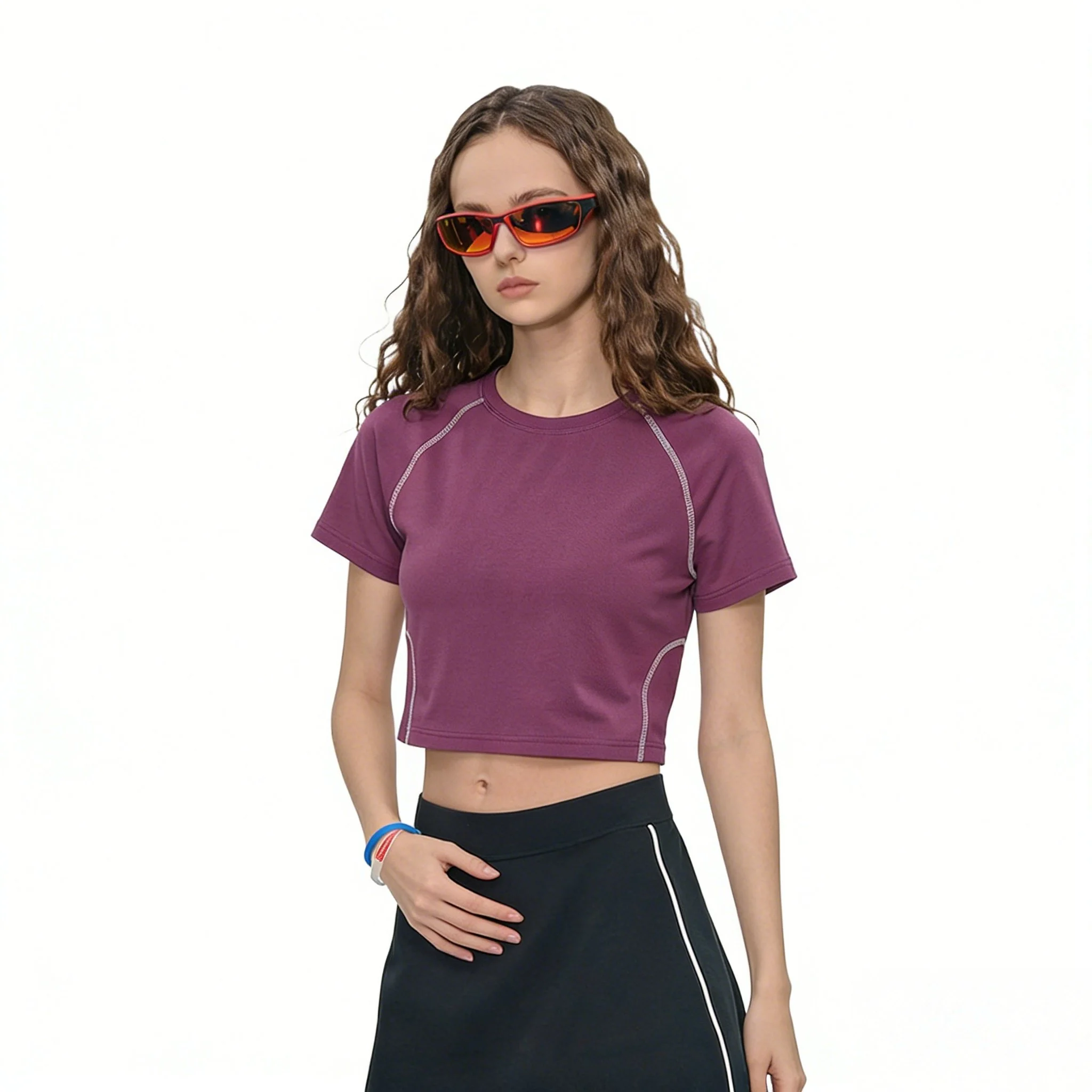 Trendy Purple Contrast Stitch T-Shirt