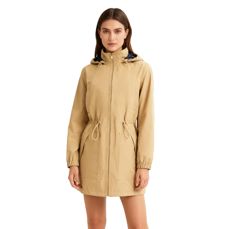 Women’s Beige Hooded Trench Coat – Drawstring Waist Waterproof Windbreaker Jacket