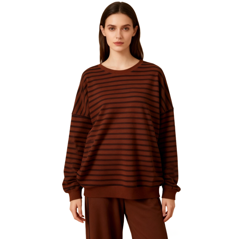Women’s Brown Striped Oversized Crewneck Sweater – Loose-Fit Casual Knit Top