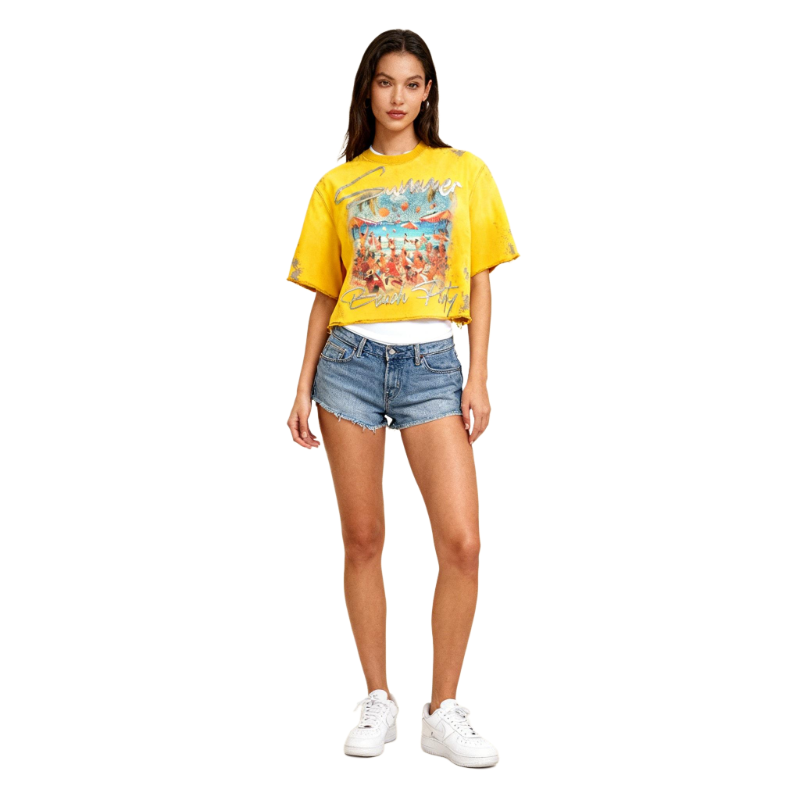 Vintage Yellow Summer Beach Party Tee – Distressed Oversized Graphic T-Shirt