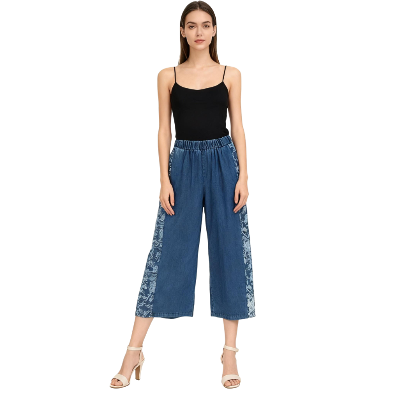 Floral Embroidered Wide-Leg Denim Pants – Women’s Boho Elastic-Waist Jeans