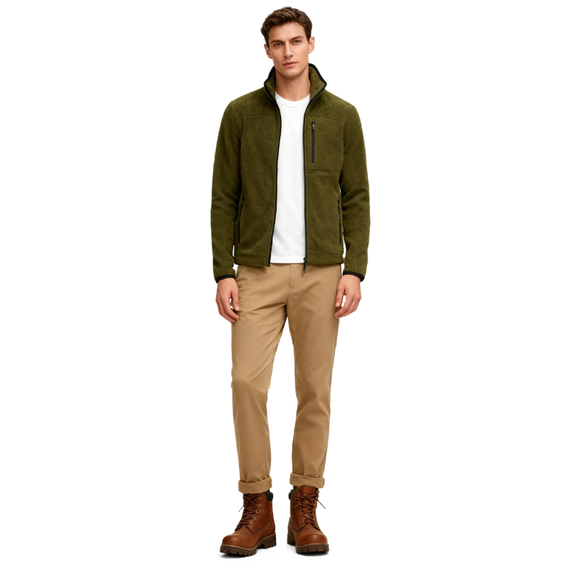 Men’s Olive Fleece Jacket – Full Zip Polar Fleece Coat, Windproof Warm Outdoor Hiking Camping Jacket with Zipper Pockets