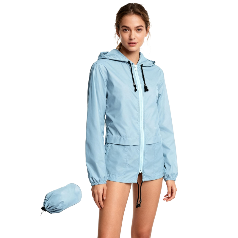 Women’s Light Blue Packable Rain Jacket – Waterproof, Hooded, Portable Windbreaker with Storage Pouch for Travel & Outdoor