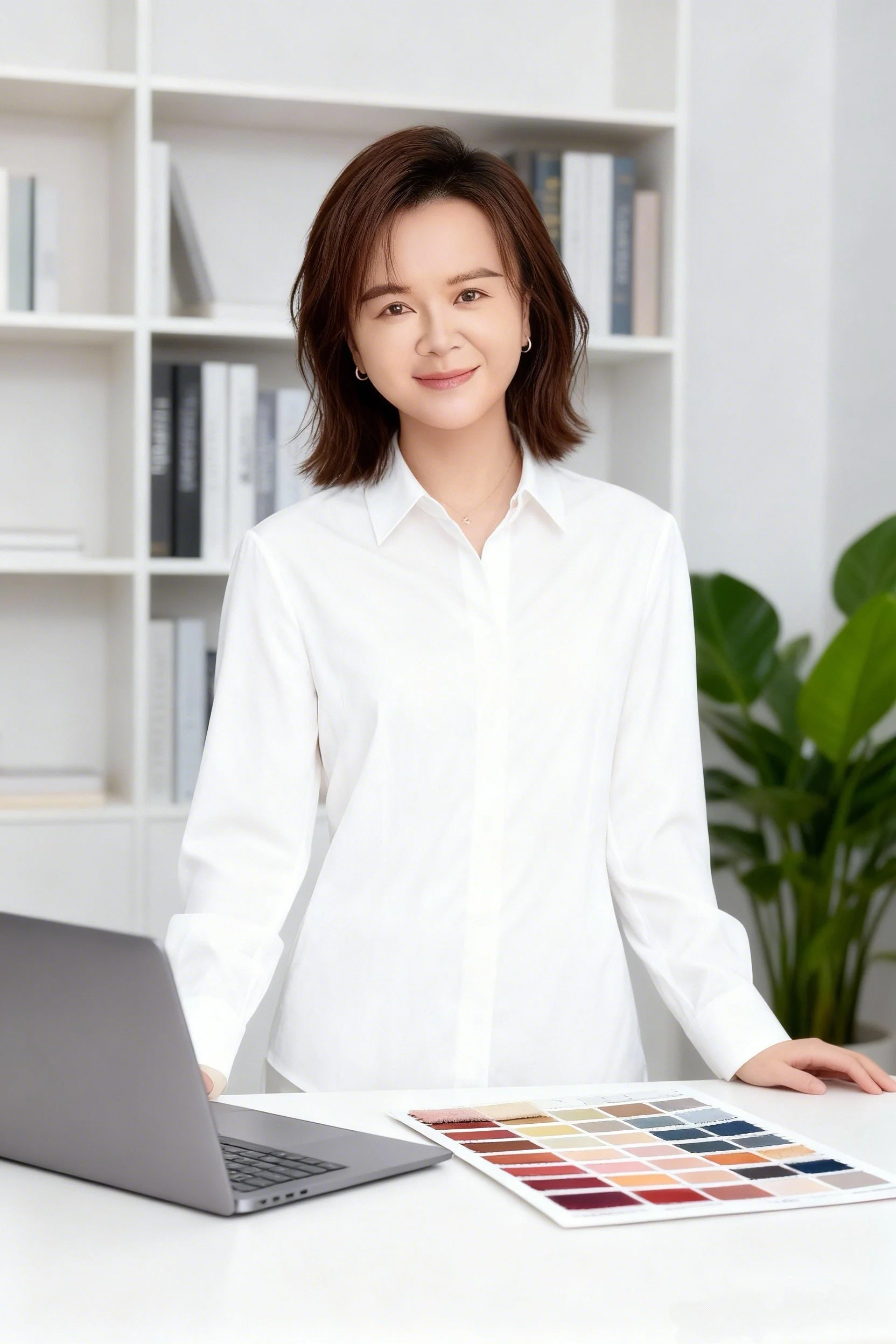 A woman with shoulder-length brown hair, wearing a white button-up shirt, standing behind a table with a laptop and a color swatch chart, in a bright room with white bookshelf and green plant in the background.