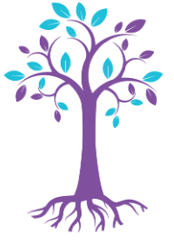 Stylized purple and blue tree with leaves and roots.