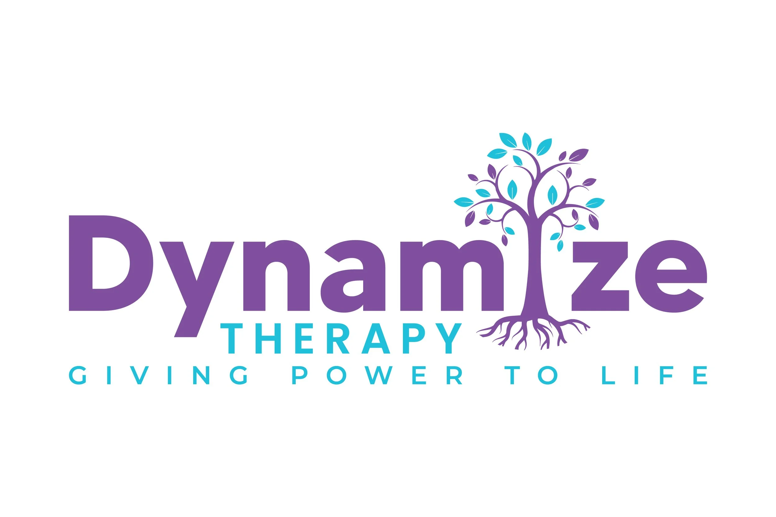 Logo for Dynamize Therapy featuring a purple tree with blue leaves and roots, with the tagline "Giving Power to Life" in blue text.