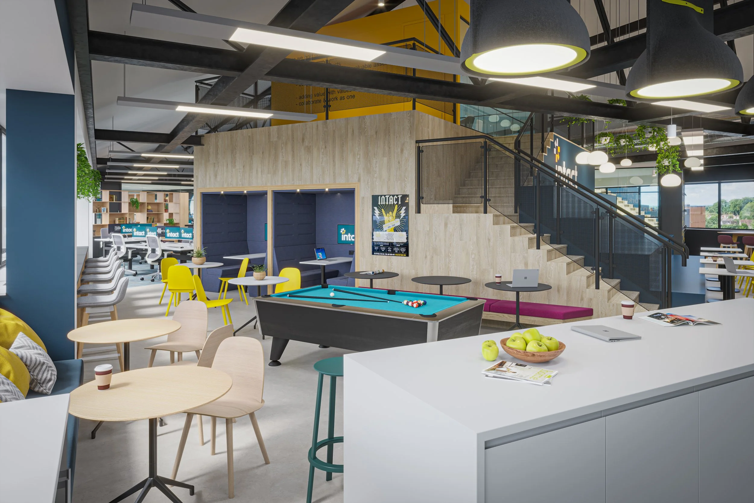 Modern office lounge with seating areas, a pool table, and workstations, featuring bright decor and hanging lights.