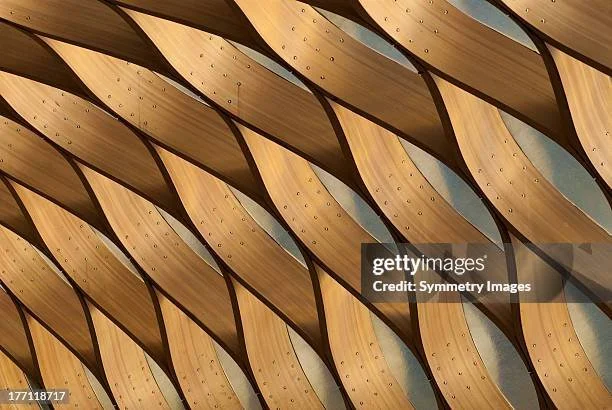 Close-up of a modern architectural ceiling with wooden curved panels arranged in a wave pattern.