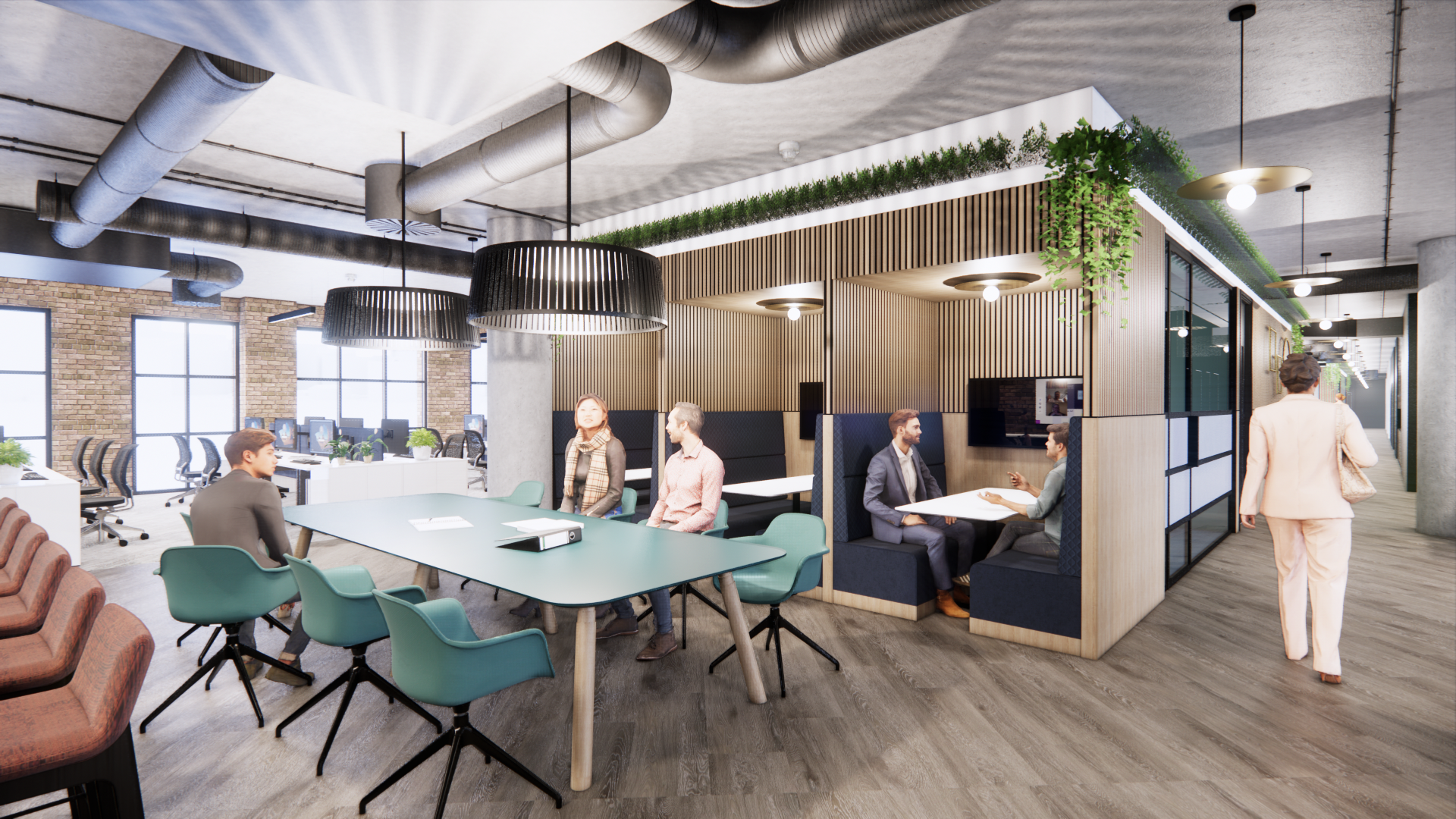 Modern office space with open workspace, meeting area, and casual seating. There are large windows, exposed ductwork on ceiling, and greenery accents.