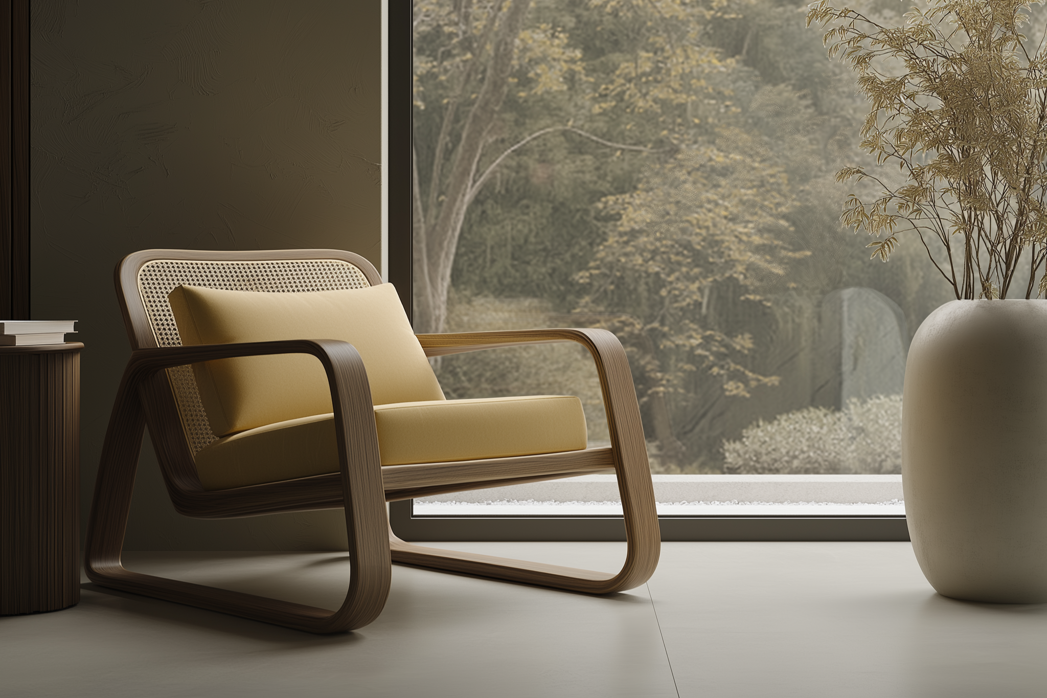 Modern interior with a beige armchair featuring wooden arms and cane backrest, beside a small round wooden side table with books, and a large white ceramic vase with tall dried plants, positioned in front of a large window showing a scenic view of trees and foliage.