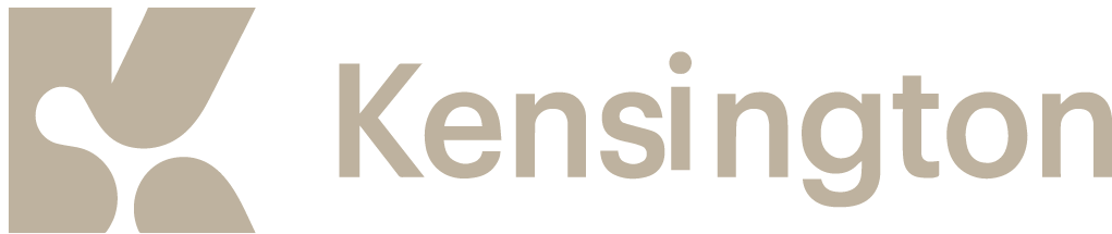 Kensington logo in black and beige with text.