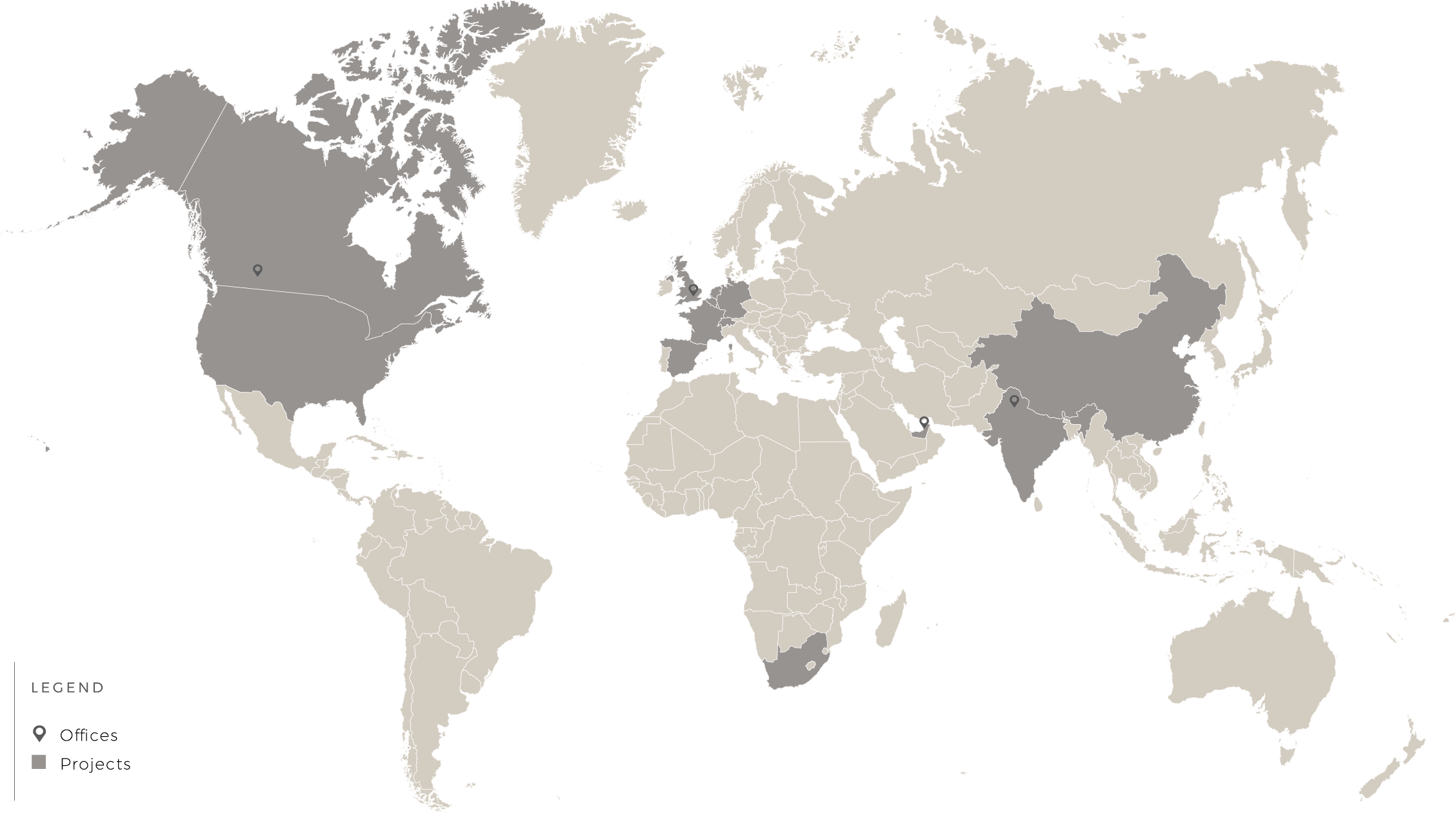 World map showing countries in light gray and others in black, with a legend indicating a marker on the map.
