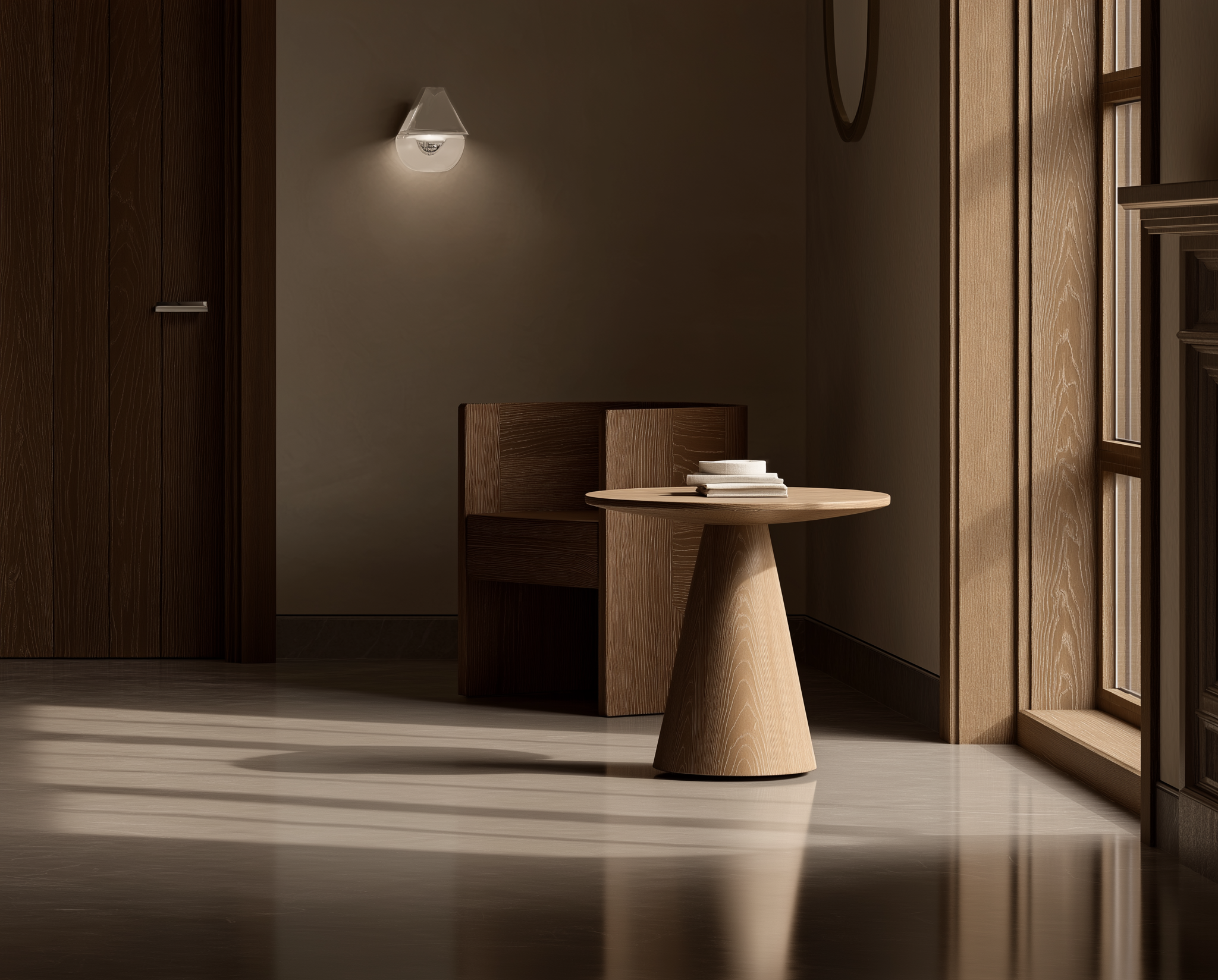 A wooden table with a conical base, holding three stacked white books, next to a wooden armchair in a room with wooden walls and a large window allowing sunlight to cast shadows.