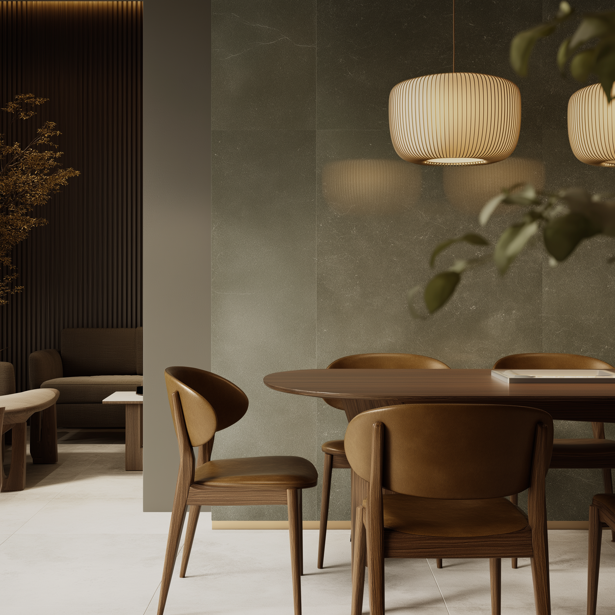Modern dining area with wooden table and chairs, hanging pendant lights, gray textured wall, and greenery in the foreground.