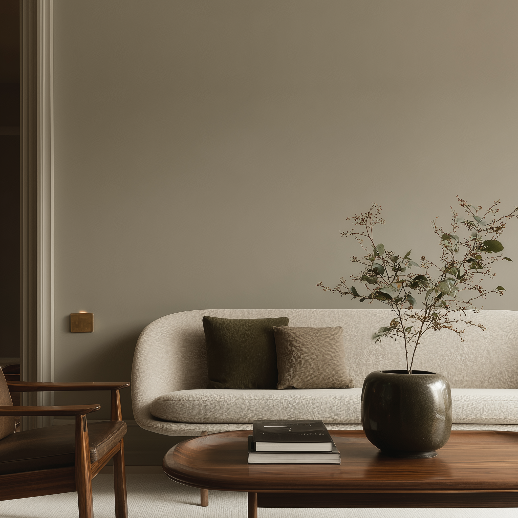 Modern living room with a beige sofa, green and beige cushions, a round wooden coffee table with books and a dark plant pot with a leafy plant, and a wooden armchair.