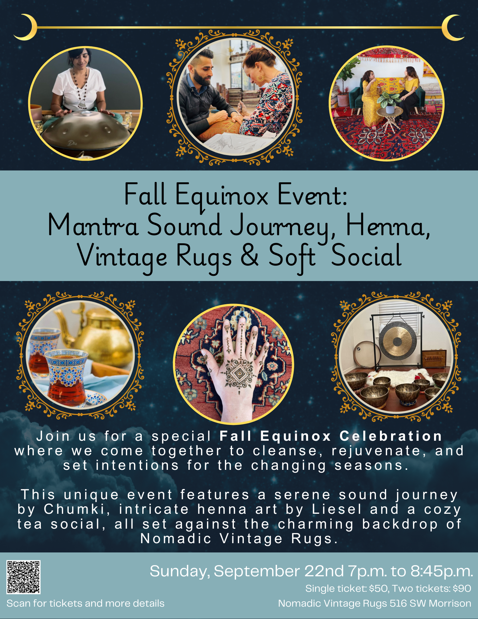 Fall Equinox Event: Mantra Sound Journey, Henna, Vintage Rugs & Soft social