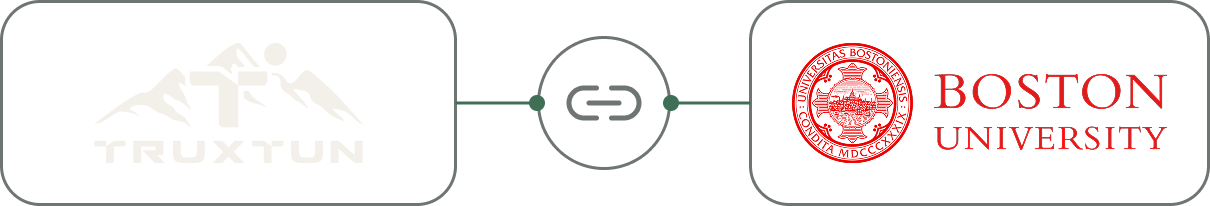 Logo of TruxTUN with stylized mountain and a running figure, connected to the Boston University logo with a chain link design.