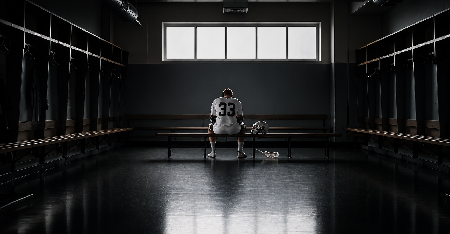 A lone hockey player sitting on a bench in a dimly lit locker room, facing away, with a helmet and a hockey stick on the floor beside him.