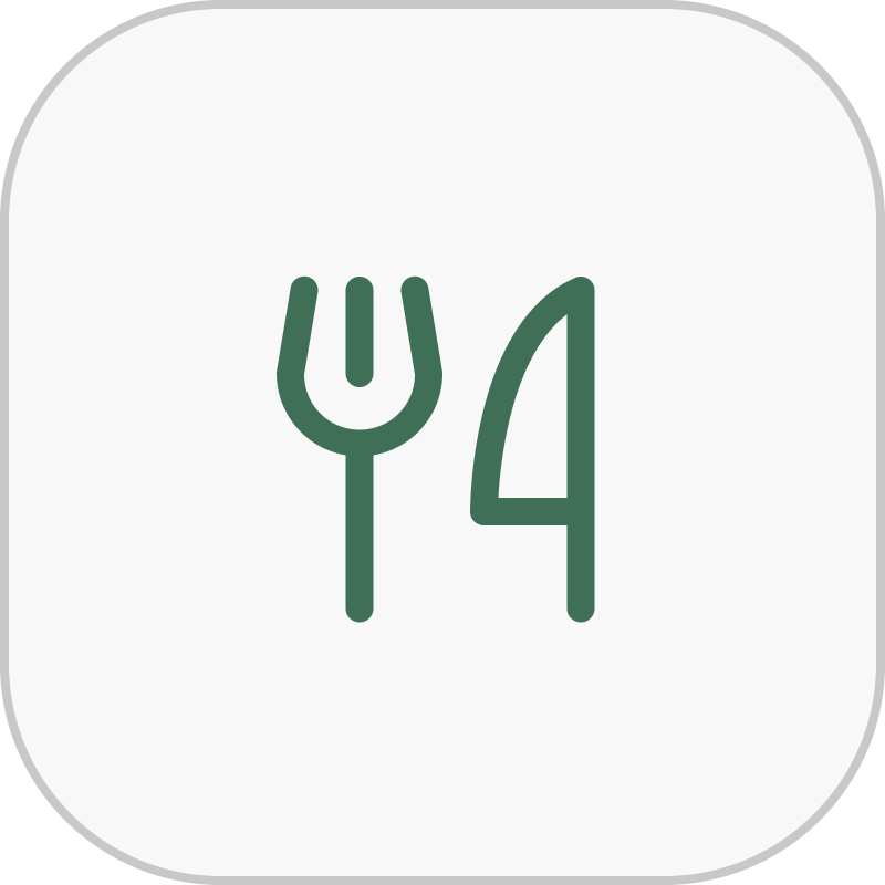 Dark background with a green icon of a fork and a knife.