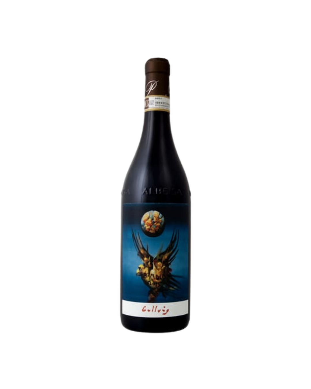 A bottle of wine with a dark label featuring a fantasy-style creature with wings on a blue background.
