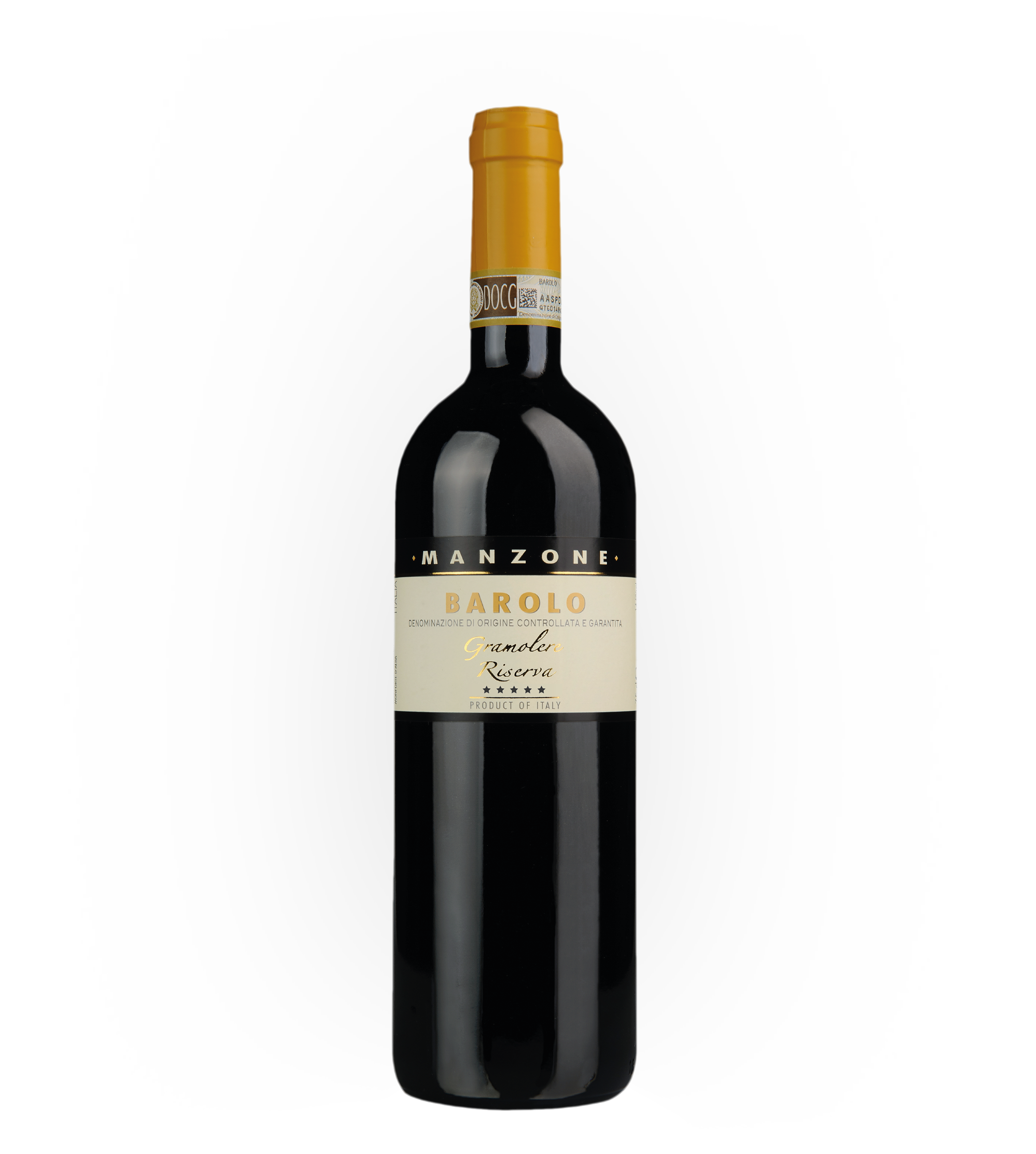 A bottle of Manzone Barolo red wine with a gold foil cap, black body, and cream label displaying the brand name and wine details, set against a gray background.