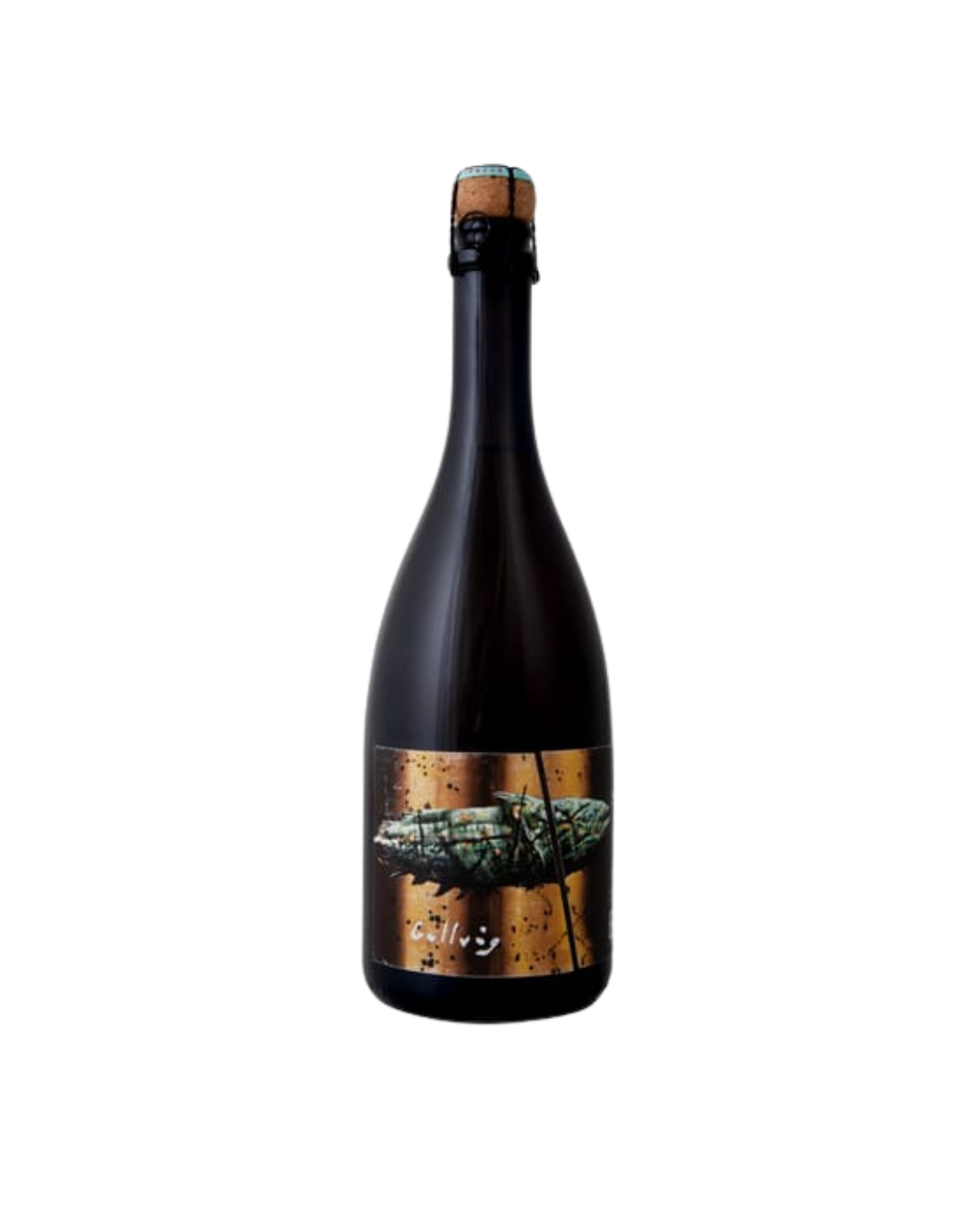 A dark bottle of champagne with a cork and a cap on top, featuring a label with an image of a landscape and some Japanese characters.