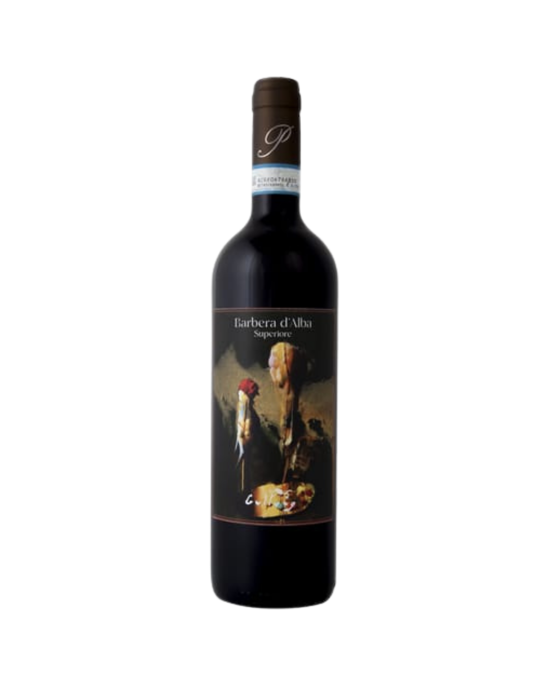 Bottle of Barbera d'Alba Superior wine with a dark label and an artistic image of two people in a landscape.