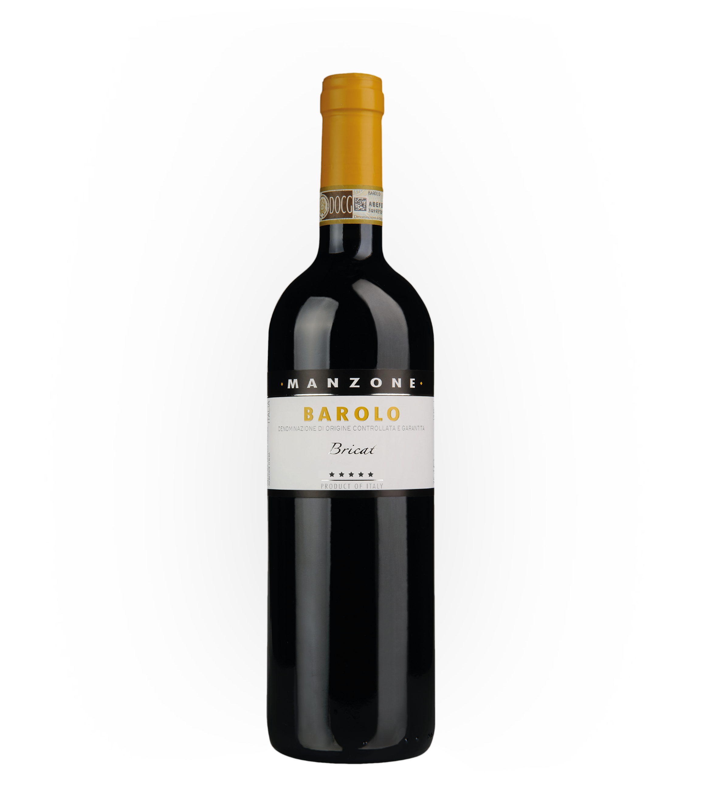 A bottle of Manzone Barolo red wine with a black and white label and a yellow foil capsule on the neck.