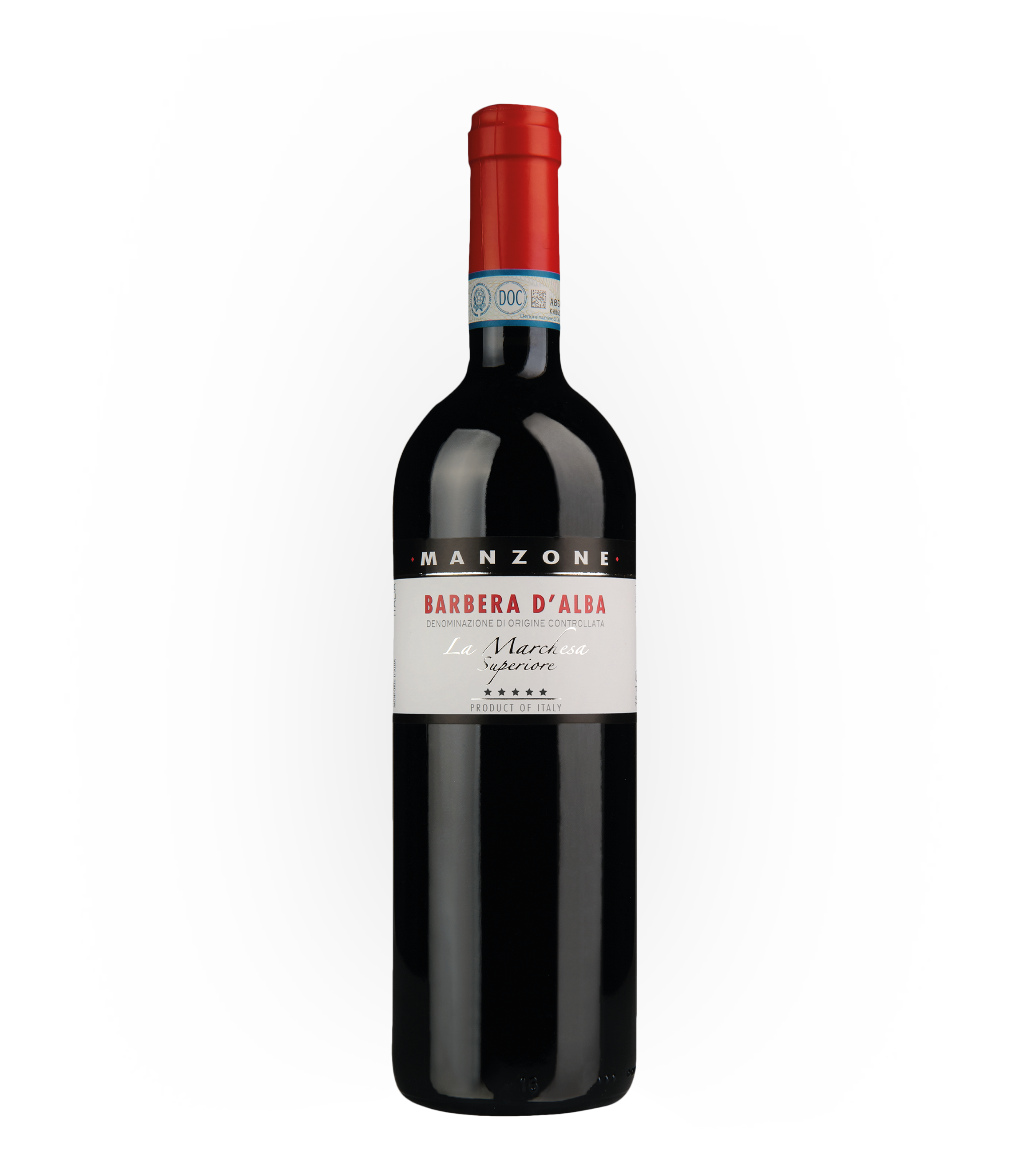 A bottle of Manzone Barbera d'Alba wine with a red foil capsule and a white label, against a light gray background.