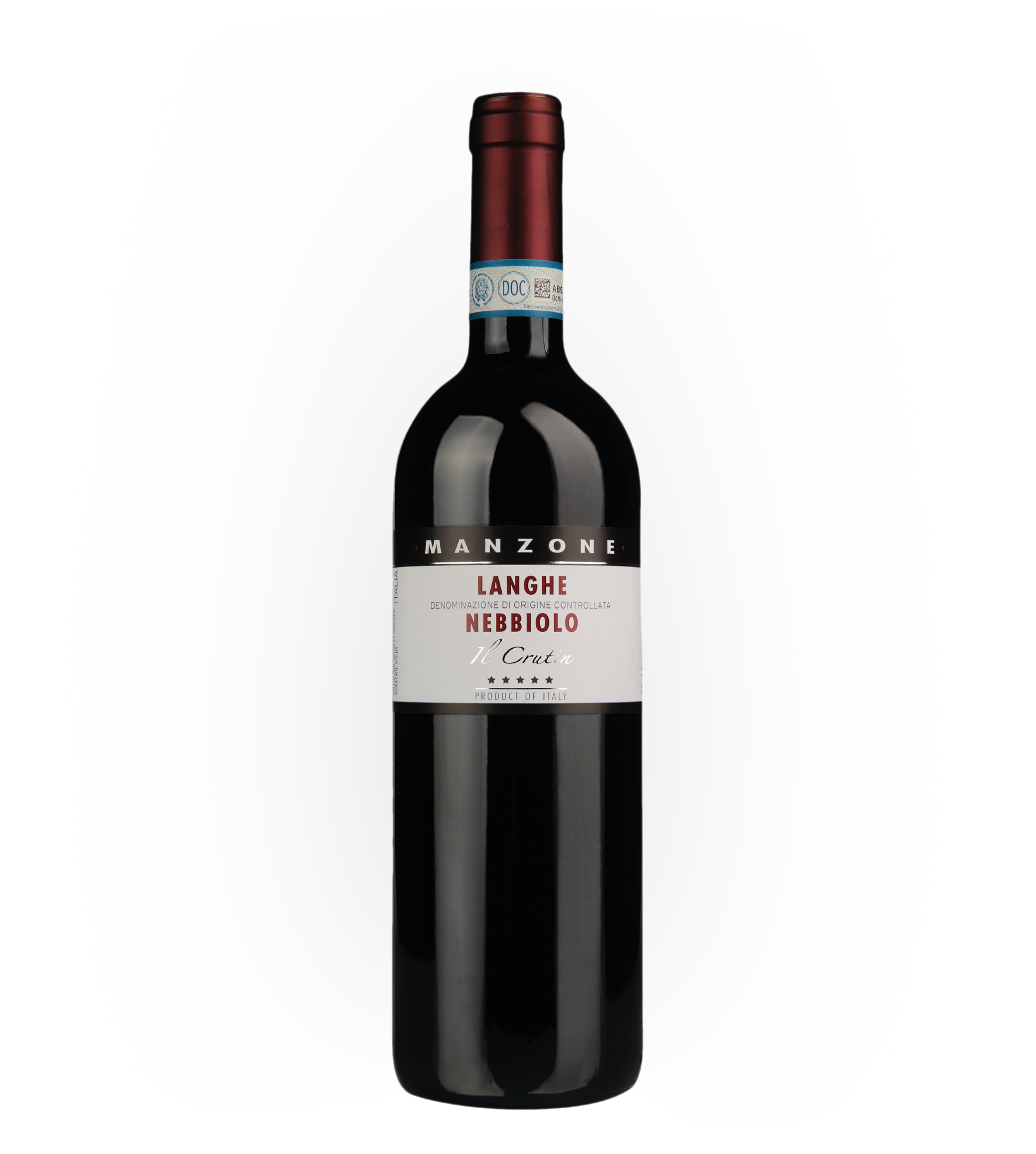 A bottle of Manzone Langhe Nebbiolo wine with a white and black label, and a red foil top.