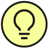 Ein gelber Kreis mit einer schwarzen Glühbirne in der Mitte, Symbol für eine Idee oder Inspiration.