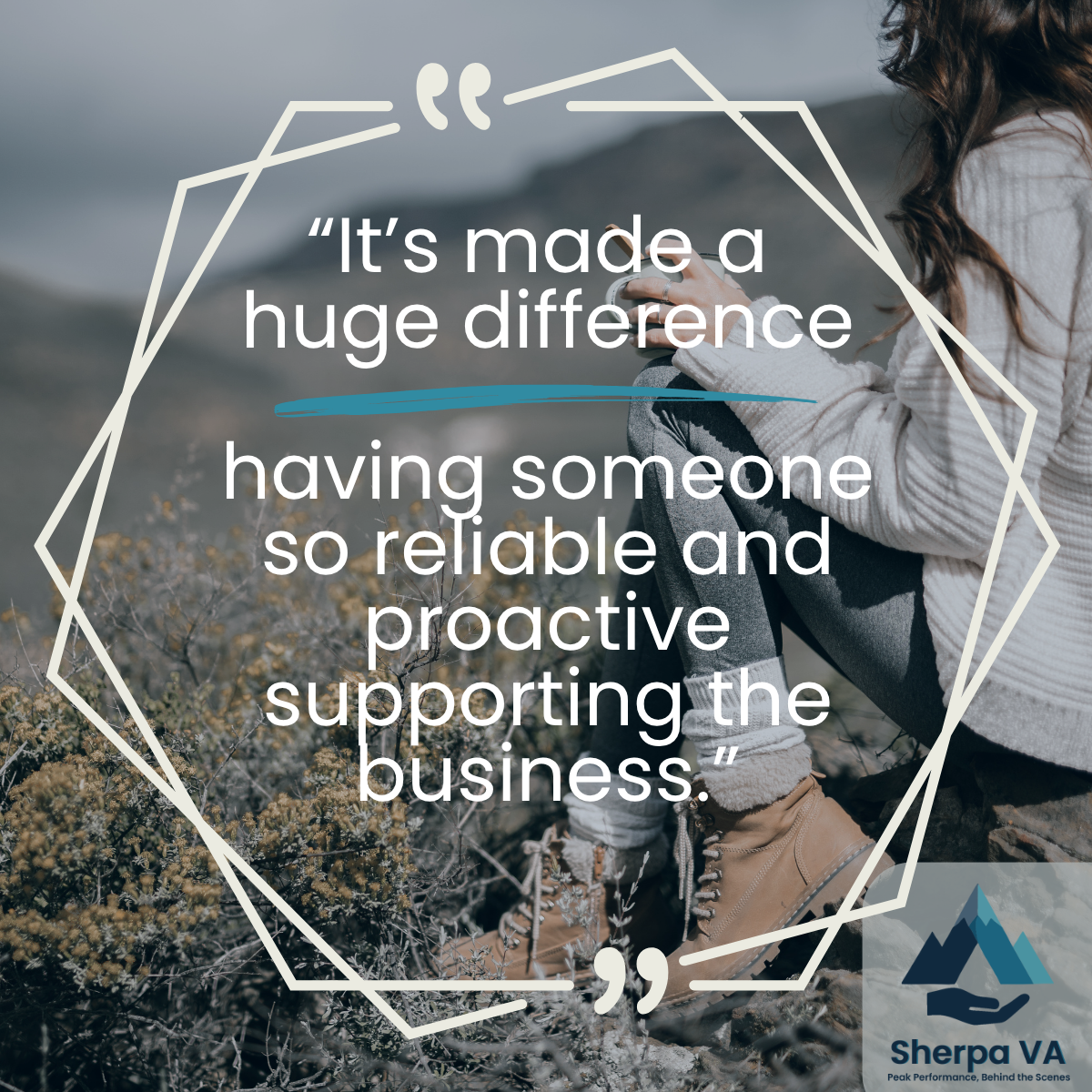 A woman sitting outdoors on the ground with legs crossed, wearing a striped sweater and boots, holding a phone. Overlaid text: "It's made a huge difference having someone so reliable and proactive supporting the business."