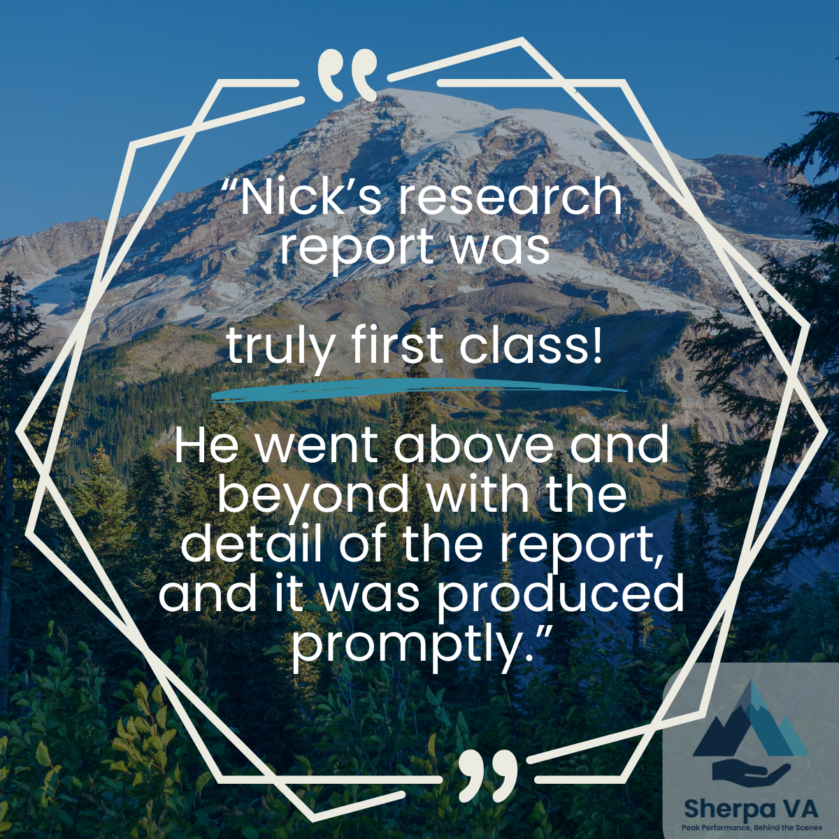 A mountain landscape with a quote about research, framed by drawn white geometric lines.
